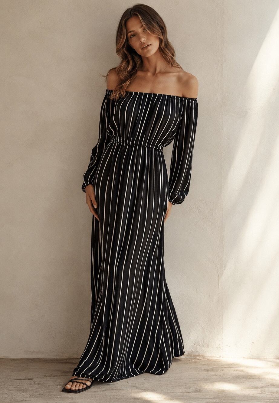 BILLABONG Off The Shoulder Long Sleeve Maxi Dress Black White Vertical Stripe